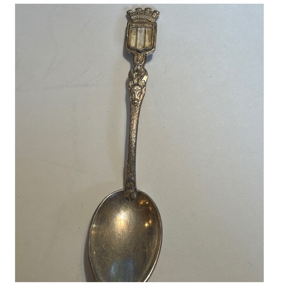 Vintage France Souvenir Spoon Silver Tone‎ Crest Crown Deer Head Detail 4.25"